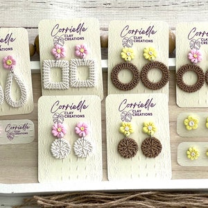 CLEARANCE - White and Brown Floral Wicker Dangle and Floral Stud Polymer Clay Earrings
