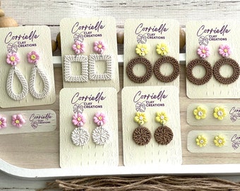 CLEARANCE - White and Brown Floral Wicker Dangle and Floral Stud Polymer Clay Earrings