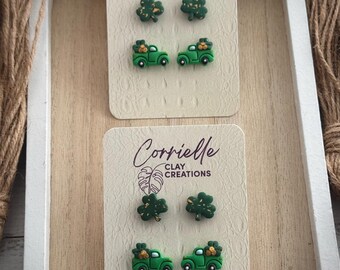 St. Patrick&#39;s Day Green Truck with Shamrock and Gold Coins and Gold Flake Shamrock Stud Pack Polymer Clay Earrings