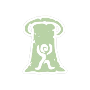 Peut inclure: Un autocollant vert avec une image stylisée d'une personne debout devant un grand objet vert arrondi. La personne est représentée les bras levés et une spirale dans la tête.