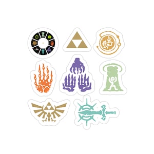 Könnte beinhalten: Satz von neun Aufklebern mit verschiedenen Symbolen und Designs, darunter ein Triforce, eine Hand, ein Schädel, ein Schwert und ein Kreis mit japanischen Schriftzeichen. Die Aufkleber sind weiß mit verschiedenen Farben, darunter Orange, Lila, Grün und Blau.