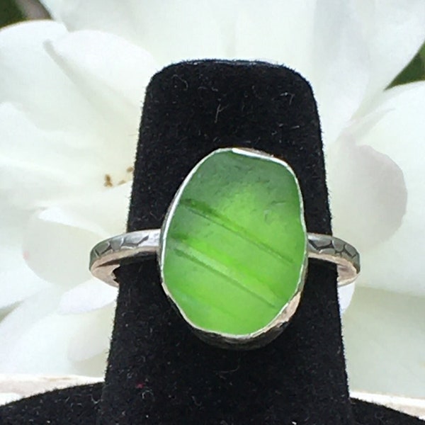 Sterling Silver Lime Green Sea Glass With Stripes Ring | Natural Sea Glass
