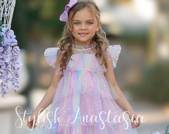 Girls Fly Sleeve Rainbow Star Sequins Prints Tulle Princess Dress Dance Party Dresses