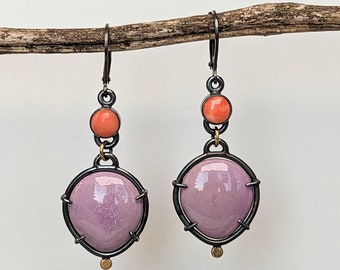 Phosphosiderite and Coral Earrings, Oxdized Sterling Silver and 18k Gold