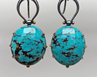 Kingman Turquoise Earrings, Sterling Silver 18K Gold