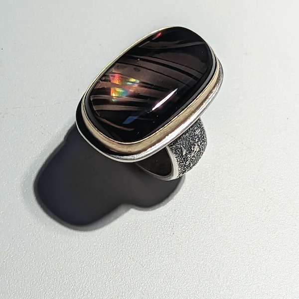 Fire Obsidian, Magnetite Obsidian Ring, Sterling Silver 18K Gold