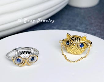 Sapphire Dr. Cat Sterling Silver|Glasses Cat Ring|Animal Chain Jewelry|Unique Gift for Cat Lovers