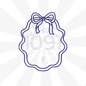 May include: A navy blue oval-shaped design with a scalloped edge and a bow at the top. The design includes the text "Shirt 1091" and "embroidery & screen print".
