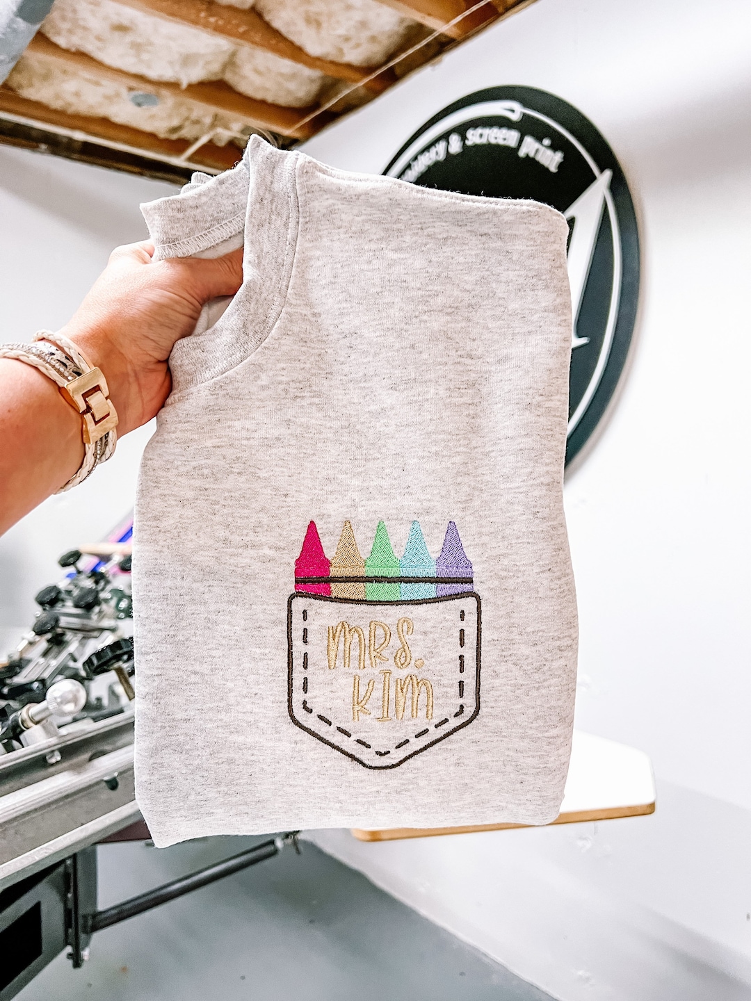 Crayon Pocket Teacher Crew Tshirt Sweatshirt Embroidered Etsy