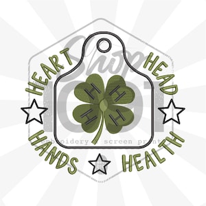 May include: A green and black embroidered design featuring a four-leaf clover with the letters "H" on each leaf. The design is surrounded by the words "HEART HEAD HANDS HEALTH" and star shapes.