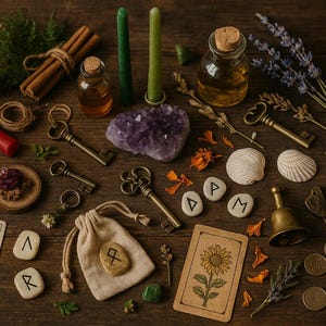 May include: A collection of mystical items arranged on a wooden surface. Includes tarot cards, keys, candles, crystals, shells, and small bottles. The Sun tarot card and a card with a sunflower are visible. The items are arranged to create a magical aesthetic.