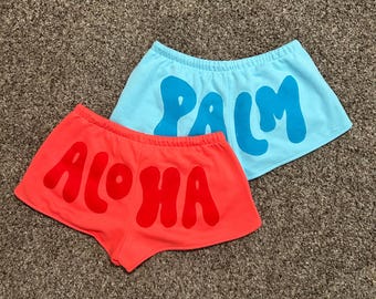 Patchwork Beach Shorts | Blue, Coral, Palm, Aloha Tropical Summer Lounge