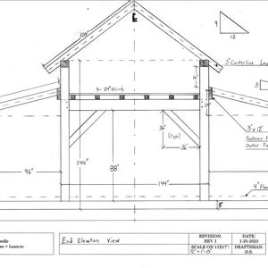 May include: A black and white line drawing of a 12' x 16' cabin frame with a lean-to. The drawing shows the end elevation view of the structure. The drawing includes measurements in inches.