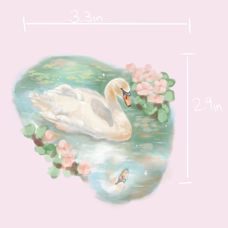 May include: A white swan with a long neck and orange beak swims in a pond with green water and lily pads. Pink flowers with green leaves are on the edge of the pond. The image is 3.3 inches wide and 2.9 inches tall.