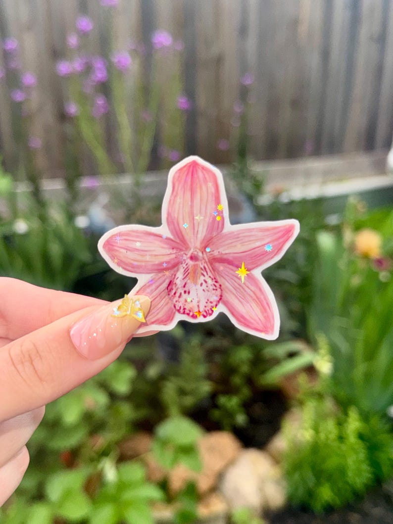 May include: A pink orchid sticker with a detailed watercolor design. The sticker features a light pink color with darker pink accents and a speckled center. Glittery star-shaped embellishments are scattered across the petals. The sticker is held up against a blurred green background.