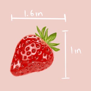 May include: A digital illustration of a ripe strawberry, measuring 1.6 inches wide and 1 inch tall. The strawberry is a vibrant red with small, dark seeds and green leaves. The background is a soft pink.
