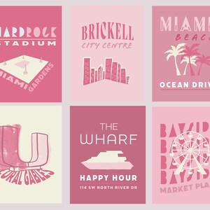 Pu&ograve; includere: Sei illustrazioni rosa e crema di punti di riferimento di Miami. Le illustrazioni includono l'Hardrock Stadium, il Brickell City Centre, Miami Beach Ocean Drive, Coral Gables, The Wharf e Bayside Marketplace.