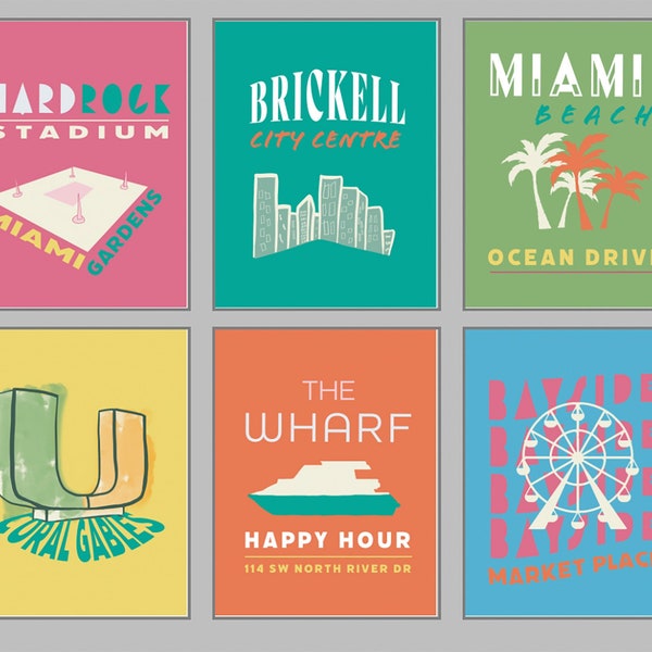 Miami Prints Set of 6 | bar cart poster designs for University of Miami | colorful posters | @margchristo