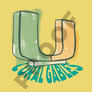 May include: Illustration of a stylized letter "U" in shades of green and orange, with the text "CORAL GABLES" in teal below. The background is a solid yellow.