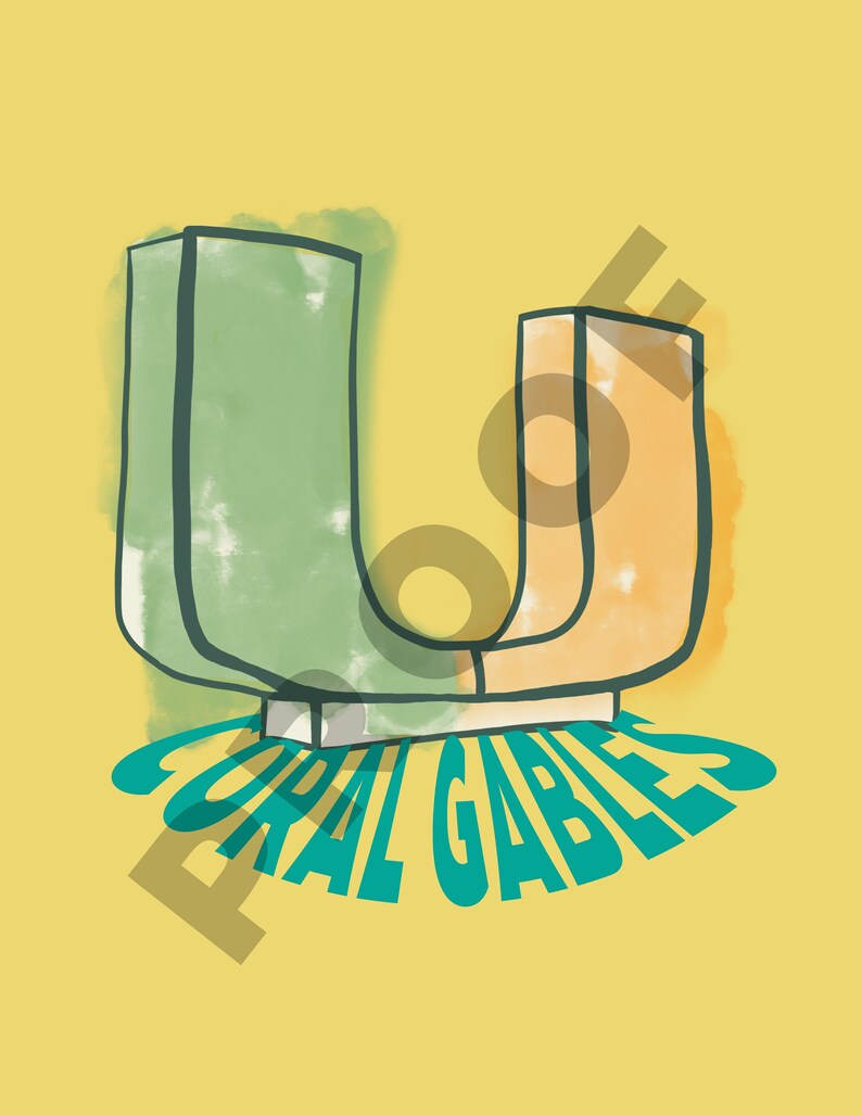 May include: Illustration of a stylized letter "U" in shades of green and orange, with the text "CORAL GABLES" in teal below. The background is a solid yellow.