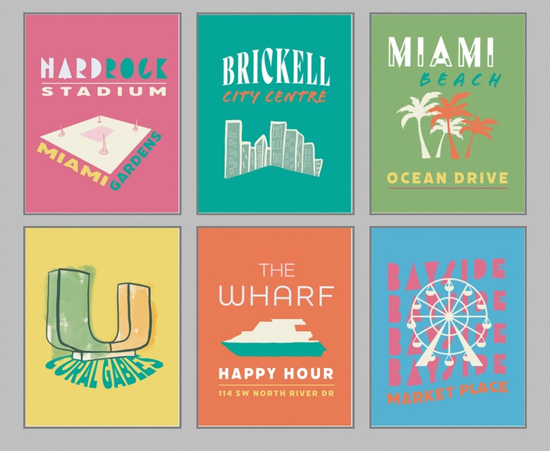 May include: A set of six colorful travel posters featuring Miami locations. Each poster has a unique design with text and illustrations, including Hard Rock Stadium, Brickell City Centre, Miami Beach, Coral Gables, The Wharf, and Bayside Market Place.