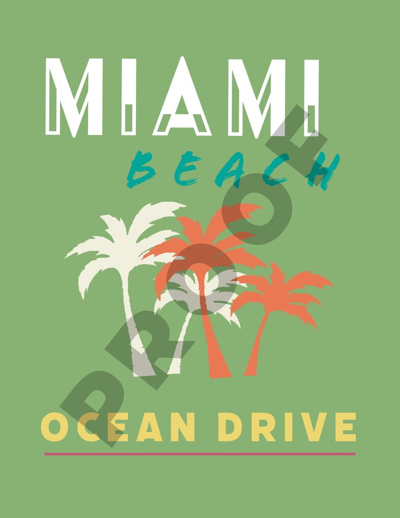 May include: A green graphic design featuring the words "MIAMI BEACH OCEAN DRIVE" in white, teal, and yellow. Palm tree silhouettes in white, orange, and coral are layered over the text, creating a tropical theme.