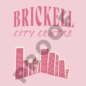Pu&ograve; includere: Grafica rosa con il testo "Brickell City Centre" e un'immagine stilizzata di uno skyline urbano con edifici rosa.