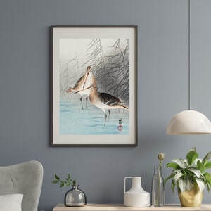 Vintage Japanese Crane Wall Art, Tradition portrait of Two bar-tailed godwits (1926) by Ohara Koson in Poster or Canvas.