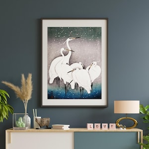 Vintage Cranes Wall Art, Group of Egrets in the Winter, Japan Vintage Fine Art Print in Poster or Canvas