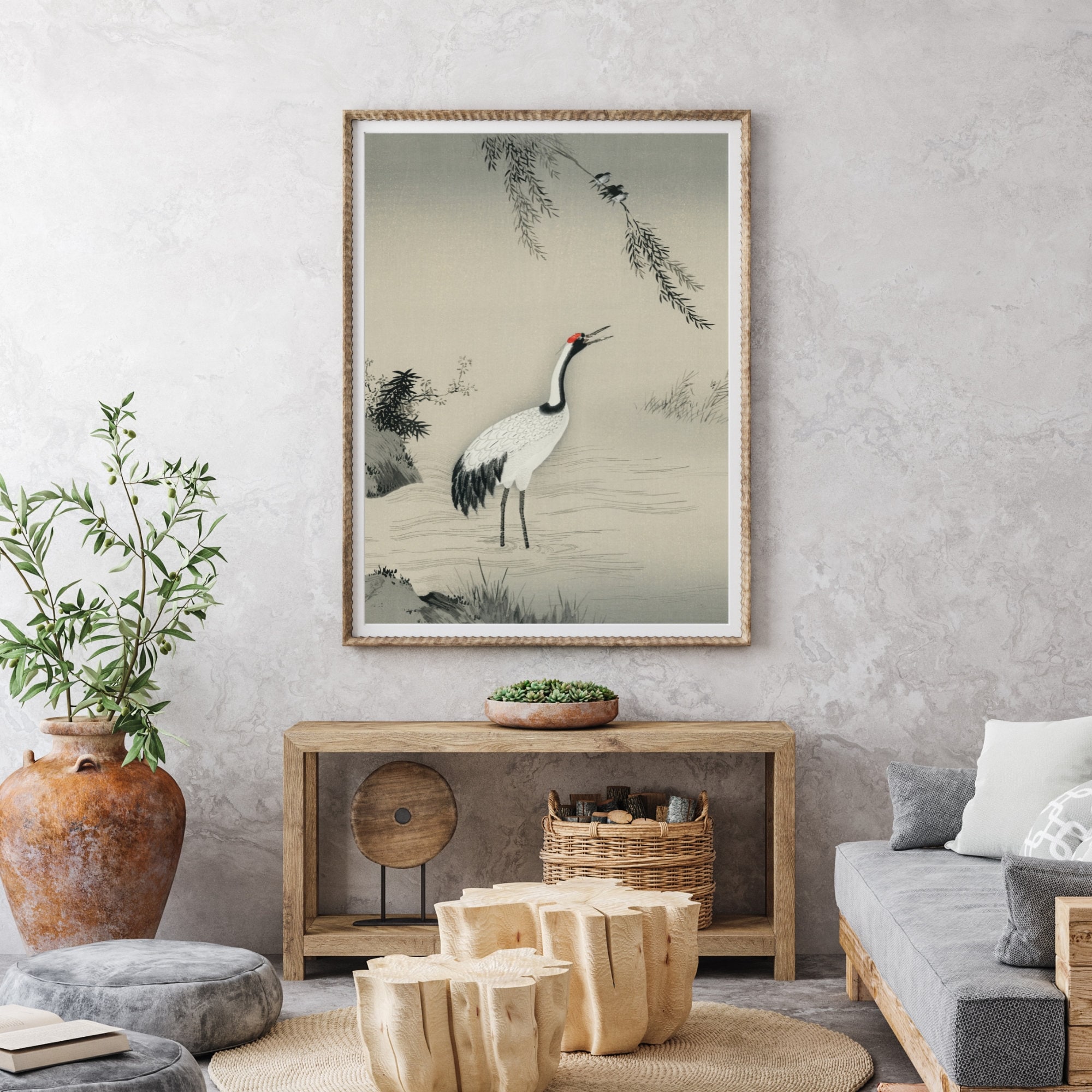 Vintage Japanese Crane Wall Art, Tradition Portrait of Beautiful