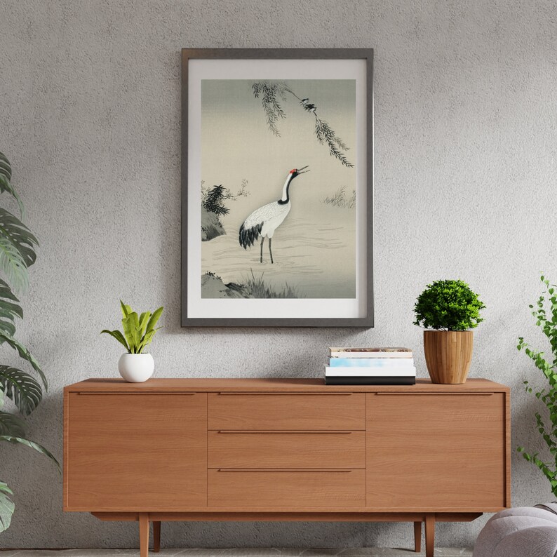 Vintage Japanese Crane Wall Art, Tradition Portrait of Beautiful