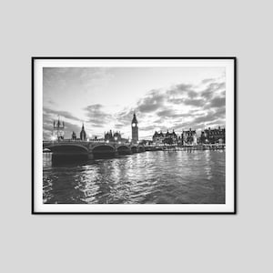 London Tower Bridge Wall Art, Black and White Waterway Night Photography Print in Poster or Canvas