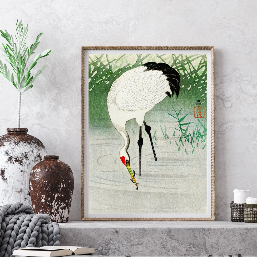 Vintage Japanese Crane Wall Art, Portrait of a Fishing Crane in Shallow