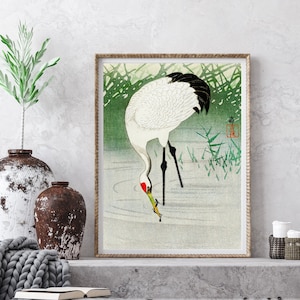 Vintage Japanese Crane Wall Art, Portrait of a Fishing crane in shallow water (1900-1945) by Ohara Koson (1877-1945) in Poster or Canvas