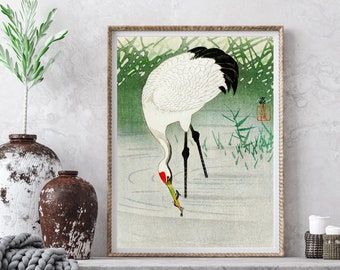 Vintage Japanese Crane Wall Art, Portrait of a Fishing crane in shallow water (1900-1945) by Ohara Koson (1877-1945) in Poster or Canvas