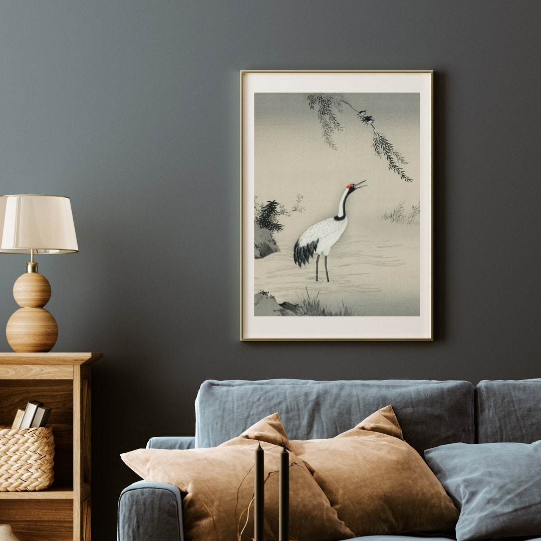 Vintage Japanese Crane Wall Art, Tradition Portrait of Beautiful