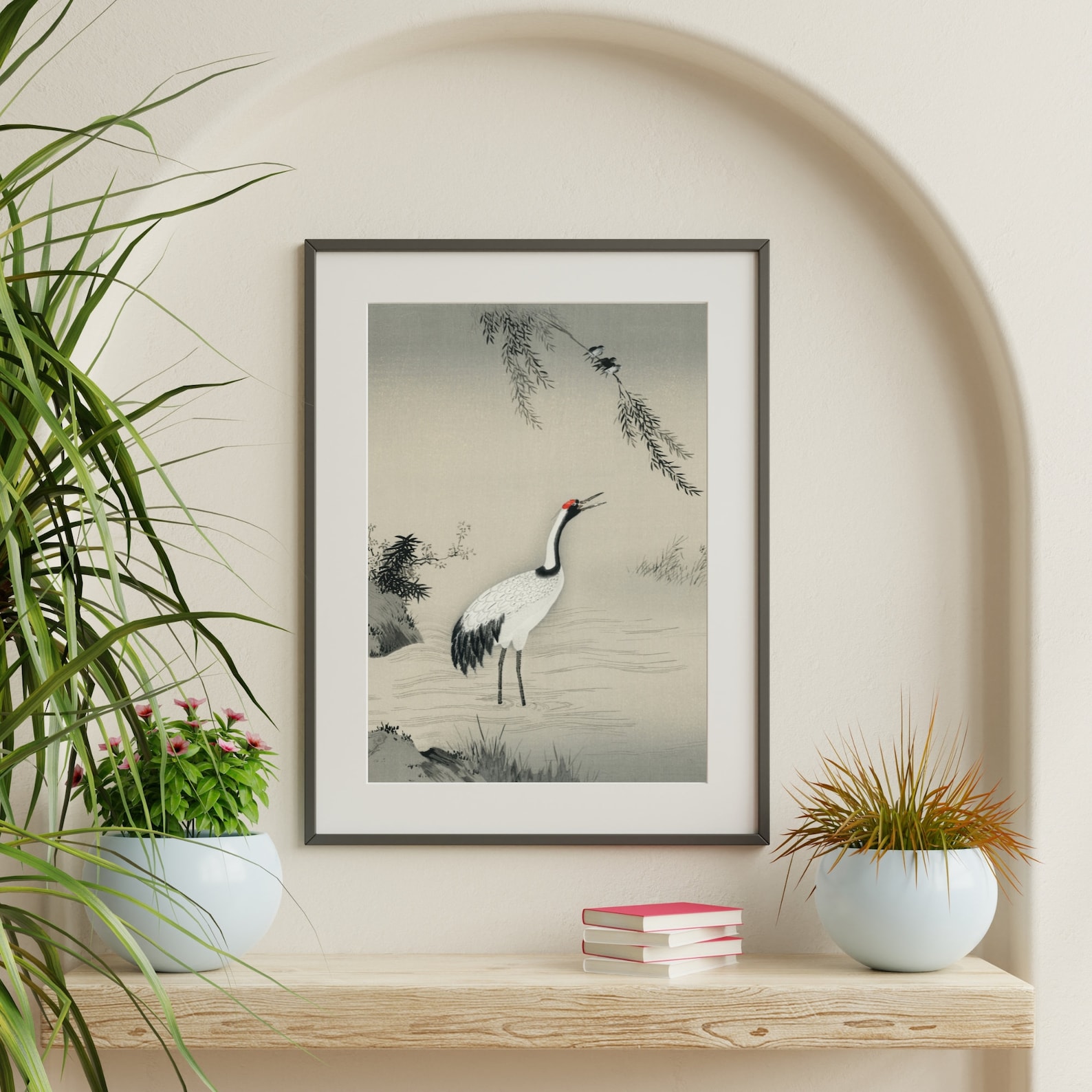 Vintage Japanese Crane Wall Art, Tradition Portrait of Beautiful