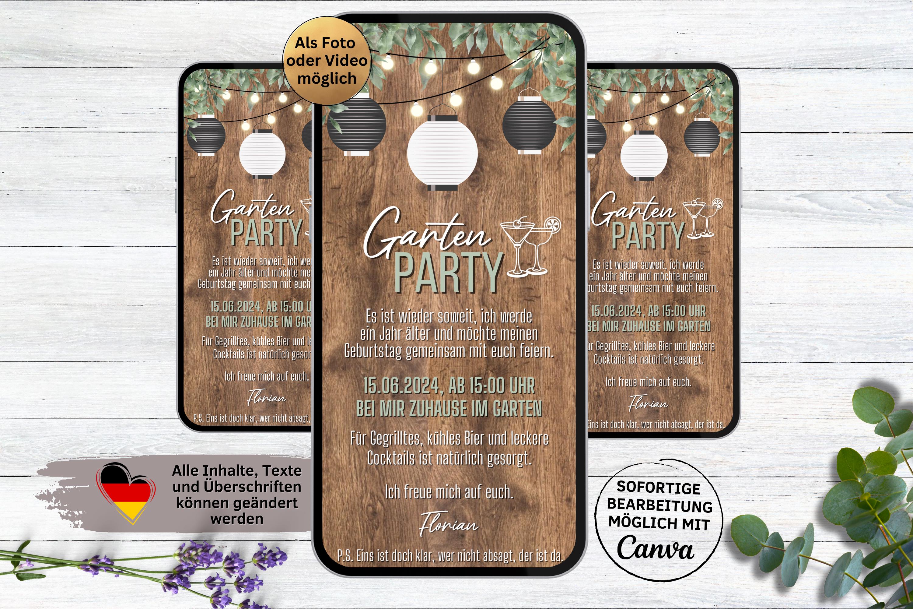 Invitation numérique à une garden-party, lanternes en bois rustiques | eCard WhatsApp eCard Soirée Barbecue | Invitation fête d'anniversaire Carport |