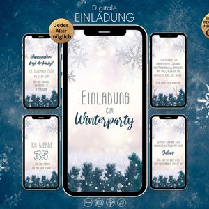 May include: A digital invitation template for a winter party displayed on five smartphone screens. The design features a snowy background with pine branches, snowflakes, and German text including Einladung zur Winterparty.