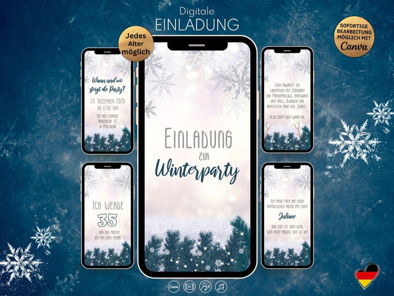 May include: A digital invitation template for a winter party displayed on five smartphone screens. The design features a snowy background with pine branches, snowflakes, and German text including Einladung zur Winterparty.