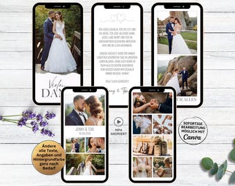 May include: A set of five phone templates for a wedding announcement. The templates feature a couple in various poses, with text that says "Vielen Dank" and "Jung & Thi" in black and white. The templates are designed to be used with Canva.