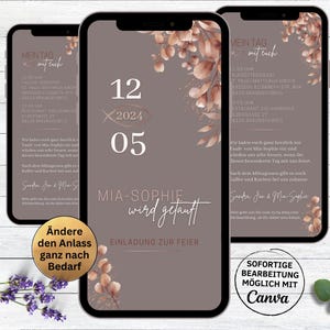 Tarjeta electrónica invitación bautismo hojas digitales oro rosa | tarjeta de invitación de bautizo animada para enviar por WhatsApp | Invitación bautizo niña topo
