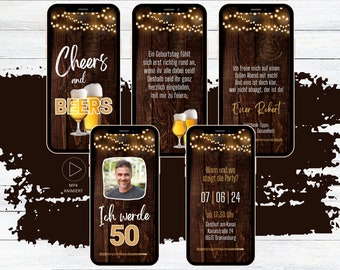 Tarjeta electrónica invitación a fiesta de cumpleaños de madera rústica para 18, 20, 30, 40, 50, 60, invitación de cumpleaños digital animada de WhatsApp, cerveza con foto