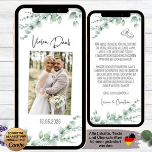 Danksagung Hochzeit Eukalyptus Grün digital | animierte Danksagungskarte Hochzeitstag | Dankeskarte Trauung für WhatsApp Foto minimalistisch