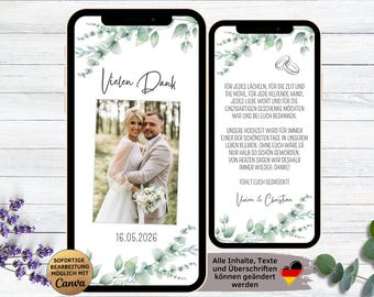 May include: A wedding invitation template with a green leafy background. The template features a photo of a bride and groom, the date "16.05.2026", and the text "Vielen Dank". The text "Alle Inhalte, Texte und Überschriften können geändert werden" is at the bottom of the template.
