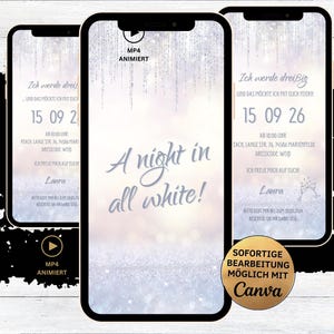 All in White Geburtstags Motto Party Einladung | personalisierbare Geburtstagseinladung Glitzer eine Nacht ganz in Weiß | Einladungskarte
