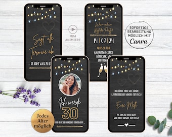 eCARD Birthday Party Invitation Table Champagne for 18th, 20th, 30th, 40th, 50th, 60th animated digital WhatsApp birthday invitation woman man with photo