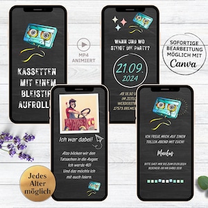 eCARD Retro Birthday Party Invitation 80s 90s turquoise cassettes | animated digital WhatsApp birthday invitation with photo funny