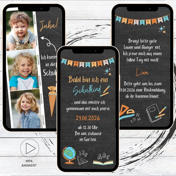 Digitale Einladung Schuleinführung Fotostreifen Tafel | Einschulung animierte Ecard für WhatsApp | Schulkind 2024 | damals und heute
