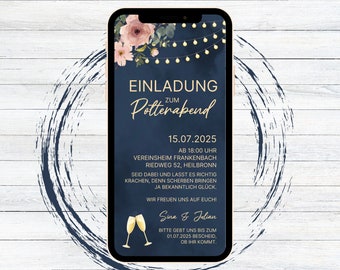 Digital hen party invitation blue with fairy lights for WhatsApp, customizable electronic hen party invitation with flowers